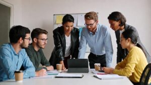 Team reviewing work together using a digital tool