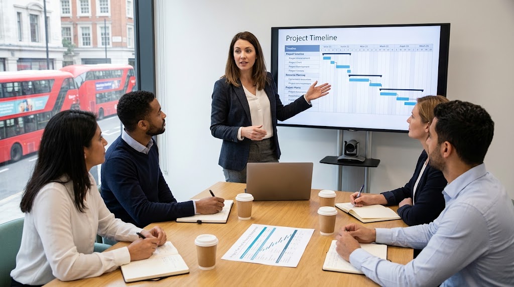 showing-an-employee-confidently-leading-a-small-team-meeting-and-presenting-a-project-plan.