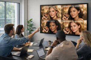 Creative team comparing face variations using AI to reduce campaign production risks