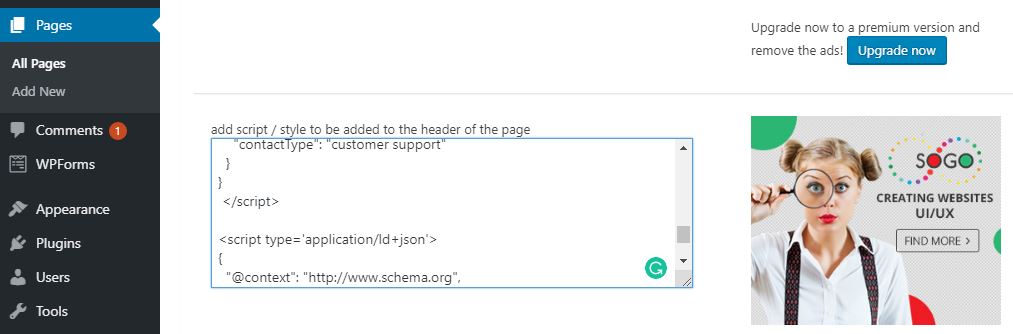 add your Schema Markup code to SOGO wordpress plugin