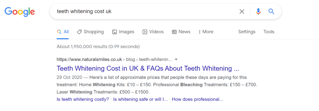 Ranking #1 for “teeth whitening cost uk” with sitelinks