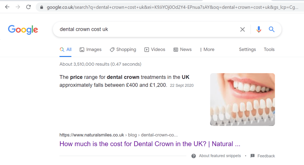 Ranking in featured snippet for “dental crown cost uk”