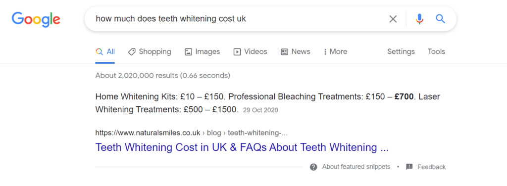 Ranking in featured snippet for “how much does teeth whitening cost”