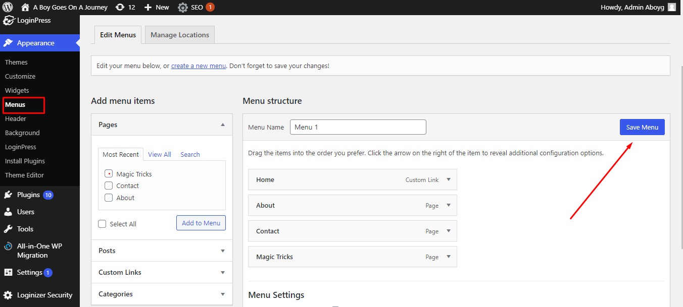Adjusting Menu options on WordPress Dashboard
