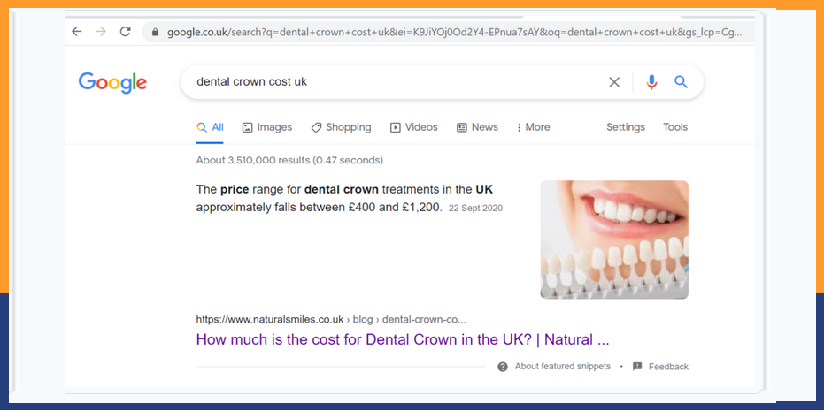 Ranking-in-featured-snippet-for-dental-crown-cost-uk